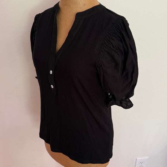Pomander Place sz XS Black Puff Sleeve Rayon stretch Blouse great pre owned cond - Picture 6 of 9